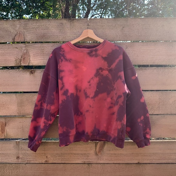 Big Dogs Tops - Burgundy+Red Tie Dye Bleach Crew Neck Sweatshirt